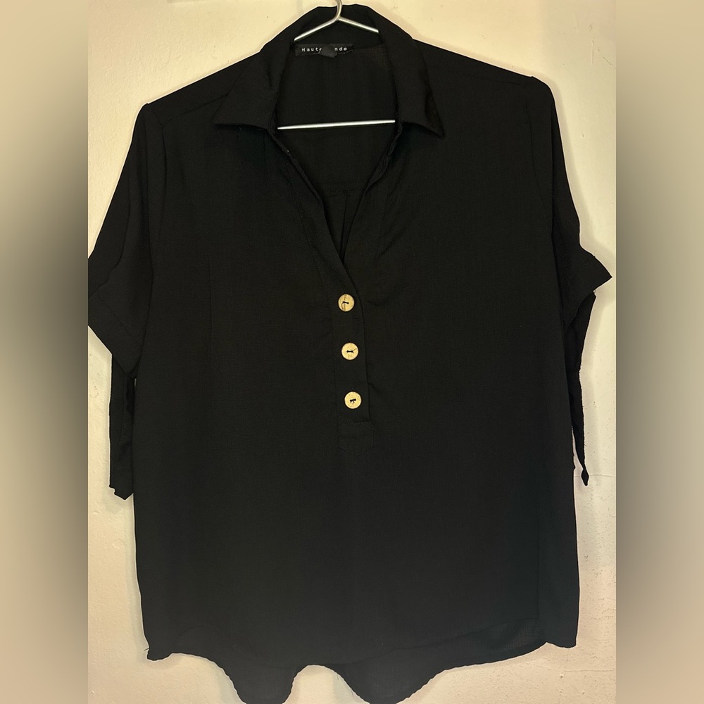 Haute Monde Black Down Shirt with Ribbons on Sleeve